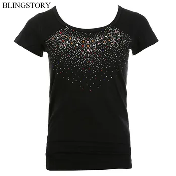 BLINGSTORY Trumpas Rankovės O-kaklo Vasaros Moterų Marškinėliai Medvilnės Plius Dydis Tee Diamond Granulių T-shirt Femme S-6XL