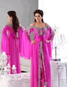 Marokas Kaftan Musulmonų Vakaro Suknelės Fushcia Spageti Dirželis Duobute Appliques Nėrinių Ilgomis Rankovėmis Arabų Dubajus Prom Šalis Suknelė