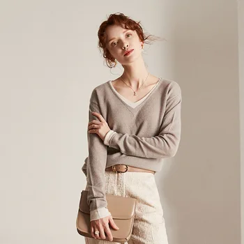 Rudenį atsitiktinis high-end cashmere v kaklo kratinys dizaino megztiniai moterims