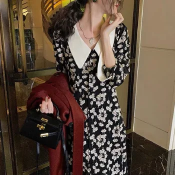 2021 Naują Pavasario Moterų prancūzijos Derliaus Pertraukiklis Hepburn Stiliaus Suknelė Su didele Rip-Atgal Iškirpte Ilgas Sijonas