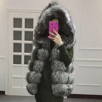 TUHAO Žiemos Paltai Dirbtiniais Silver Fox Fur Coat Gobtuvu Liemenė Juostelė Office Lady Vest Didelis Dydis 3XL 4XL Moterų Šilti Kailiniai Paltai FR04