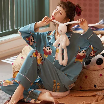 Patogus UBeauty Karikatūros Moterų Pižama Turn-Žemyn Apykaklės Grynos Medvilnės Kelnės Ilgomis Rankovėmis Plius Kelnės 2-Piece Set Pižama