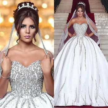 Kamuolys Chalatai Vestuvės Suknelės 2020 Arabų Dubajus Brangioji Karoliukai, Kristalų Grindų Ilgis Vestido De Novia Elegantiškos Vestuvinės Suknelės