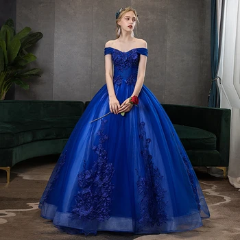Royal Blue Quinceanera Suknelės 2020 Kamuolys Suknelė Tiulio Purus Suknelė Oficialią Šalies Baigimo Chalatai Nuo Shouder Ilgai Prom Dress