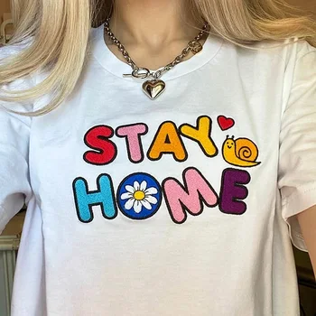 Likti Namie, Dažymas Moterų Tumblr Mados Mielas Marškinėliai Vasaros Atsitiktinis Trumpas Rankoves Atspausdinta Tee