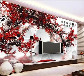 Beibehang Tapetai, freskos užsakymą namų puošybai kambarį miegamojo romantiškas slyvų žiedų atspindys 3D TV fono sienos