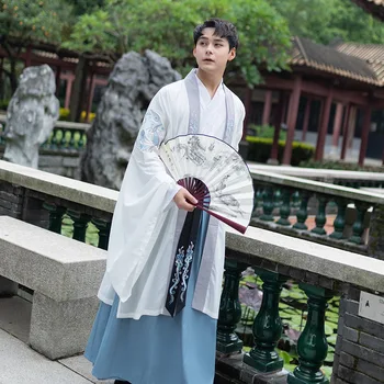 Hanfu vyriški ir moteriški balti apsiaustai be rankovių, siuvinėta Han elementai ilgomis rankovėmis kryžiaus apykaklės Ru sijonas Kinų stiliaus kostiumas