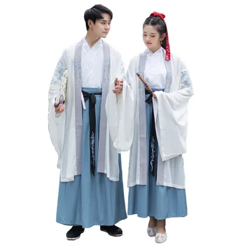 Hanfu vyriški ir moteriški balti apsiaustai be rankovių, siuvinėta Han elementai ilgomis rankovėmis kryžiaus apykaklės Ru sijonas Kinų stiliaus kostiumas