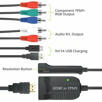 1080P HDMI Component Video YPbPr RCA Konverteris Adapterio Kabelį R/L, o Galia