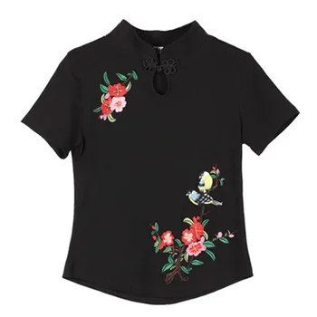 Siuvinėjimo Gėlių Stovas ilgomis Rankovėmis Elegantiškas Harajuku Etninės Plius Dydis 5XL Marškinėlius Moterims Derliaus 2019 Naujas Camisetas Mujer Pavasario