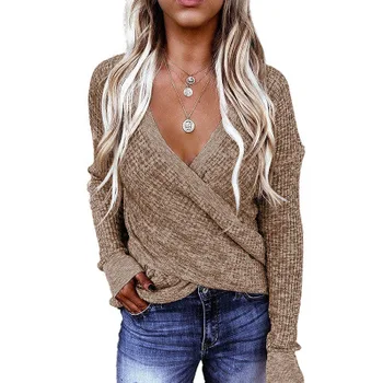 Mados new cross v-kaklo džemperis moterims rudens ir žiemos naujo stiliaus vientisa spalva seksualus ilgomis rankovėmis ponios megztinis