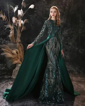 Tamsiai žaliais Blizgančiais Nėrinių Vakaro Suknelės ilgomis Rankovėmis Illustion Promenadzie Suknelė su ilgomis Traukinio Realus Vaizdas InStock sukienki wizytowe