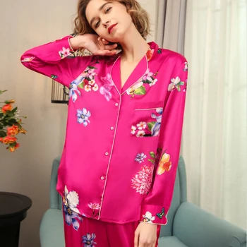 2020 M. Naujas Nekilnojamojo Šilko Pajama Moterų Pavasarį, Rudenį Šilkaverpių Šilko Ilgomis Rankovėmis Sleepwear Moteris, Turtinga Raudona Dviejų Dalių Pyjama Rinkiniai T8182