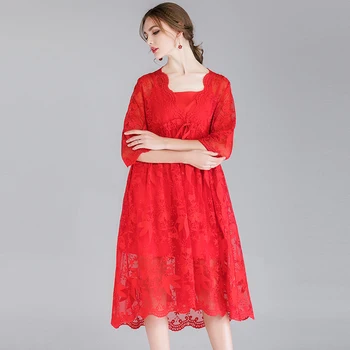 Nėrinių Suknelė Akies Raudona Pavasario Moterų 2020 Plus Size Šalies Derliaus Seksualus Mados Atsitiktinis Negabaritinių Suknelės Vasaros Nėriniais Suknelės 4XL