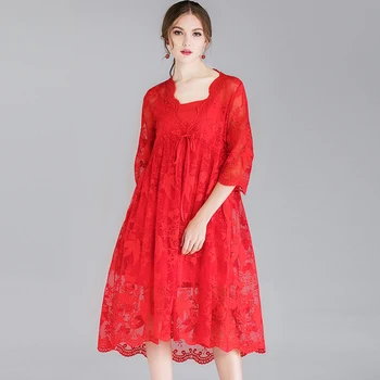 Nėrinių Suknelė Akies Raudona Pavasario Moterų 2020 Plus Size Šalies Derliaus Seksualus Mados Atsitiktinis Negabaritinių Suknelės Vasaros Nėriniais Suknelės 4XL