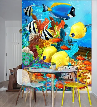 Naujausius 3D freskomis,graži svajonė mėlynos jūros dugno spalva giliavandenių žuvų. Gyvenamasis kambarys su sofa-lova, TV wall vaikų, miegamojo tapetai.