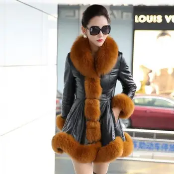 Didelio Dydžio Dirbtinė Fox Fur Coat Didelis Kailių Apykaklės Storas Šiltas, moteriški Drabužiai, Odinė Striukė Ilgai Skyriuje Slim Striukė Moterims Kailis