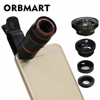 ORBMART 5 in 1 Lęšiai 8X Teleskopas 0.4 X Super Platus Žuvies akis Plačiai Angelas Makro iPhone Samsung HTC Xiaomi Mobiliojo Telefono Kamera
