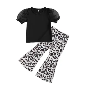 Vasaros Mados Bamblys Mergaičių Drabužių Rinkiniai Akių Sluoksniuotos Rankovėmis Kietas T Shirts Leopardas Spausdinti Flare Kelnės 2-7Y