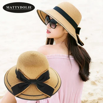 MATTYDOLIE Vasaros Skrybėlę Platus Pusėje Juodas Lankas Šiaudų Skrybėlę Ponios Dome Laisvalaikio Lauko Beach Pajūrio Saulės Skrybėlę