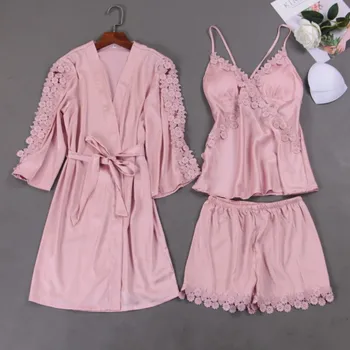 2020 Moterų Pižama Rinkiniai 3 Gabalus Satino Sleepwear Pijama Su Krūtinės Pagalvėlės Spageti Dirželis Nėrinių, Šilko Miego Lounge Naktiniai Drabužiai Pyjama