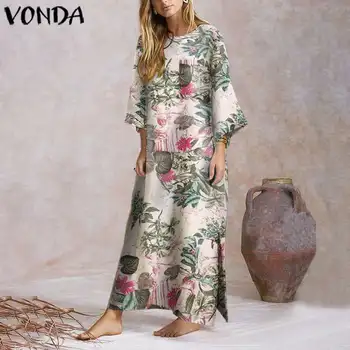 Moterys ilgomis Rankovėmis Suknelė Bohemijos Gėlių Spausdinti Atostogų Suknelė 2021 VONDA Atsitiktinis Ilgas Apdaras Pusės Split Ilgos Suknelės, Plius Dydis