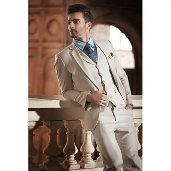 2020 m. Naujo Dizaino smėlio spalvos Jaunikis Tuxedos italų Stiliaus Mens Vestuvių Prom Vakarienė Kostiumai 3 Gabalas Slim Fit Vyrų Kostiumas terno masculino