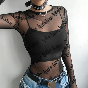 Karšto Seksualus Gothic Punk Moterų Tinklinio T-Shirts Žr.-per Perspektyva Laiškas Spausdinti ilgomis Rankovėmis Viršūnes Merginos Atsitiktinis Slim T-Shirt Viršų naujas