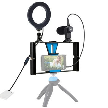 PULUZ PKT3027 3 in 1 Vlogging Live Transliacijos išmaniajame telefone Vaizdo Įrenginys + Mikrofonas + Žiedas LED Selfie Šviesos Rinkiniai