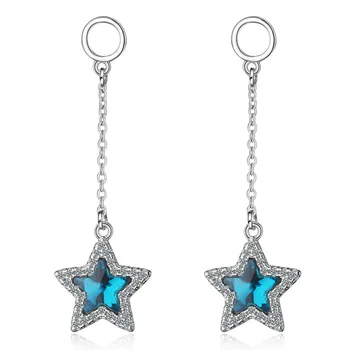 Naujas Atvykimo 925 Sterling Silver Fashion Auskarai Moterims, Mėlyna Kristalų Cirkonis Star LongTassel Auskarai Lašas Laivybos