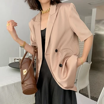 Satino švarkas moterims vasaros 2020 atsitiktinis minimalistinio ponios trumpas rankoves kostiumas, švarkeliai office lady sportiniai švarkai (bleizeriai) plonu sluoksniu viršutinių drabužių siuvimas