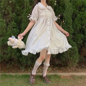 QWEEK Japonijos Saldus Lolita Dress Kawaii Pasakų Lolita Stiliaus Peter Pan Apykaklės Mielas Pynimas Sluoksniuotos Rankovėmis Suknelė Balta Kieta medžiaga, Elegantiškas