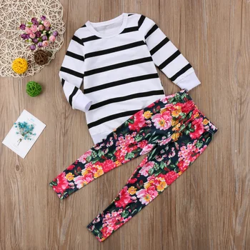 Mados kid Baby Mergaičių drabužius 2019 Naujų Pavasario Drabužių Komplektus Dryžuotas marškinėliai Topai+ Gėlių Kelnes mergina drabužių vaikams kostiumas