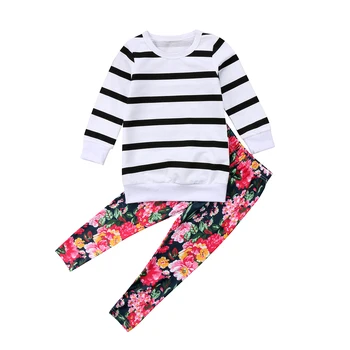 Mados kid Baby Mergaičių drabužius 2019 Naujų Pavasario Drabužių Komplektus Dryžuotas marškinėliai Topai+ Gėlių Kelnes mergina drabužių vaikams kostiumas