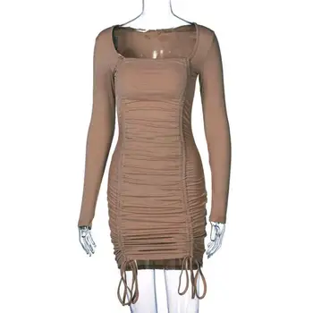 Suknelė Moterims Seksualus Vientisos Spalvos Ilgomis Rankovėmis Kvadratinių Kaklo Raišteliu Ruched Mini Bodycon Suknelė Trumpas Klubas Suknelė