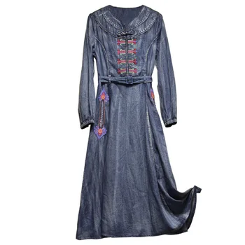 Originalus prekių moterų 2020 m. pavasarį naujas plonas diržas džinsinio audinio suknelė retro siuvinėjimo suknelė a82115