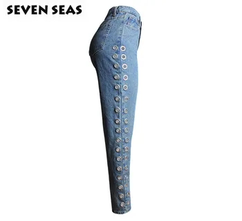 Mėlyna Lengva Tiesios Kojos Tuščiavidurės Metalinės Kniedės High Waisted Džinsai Femme Baggy Laisvas Boyfriend Džinsai Moterims