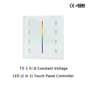 T1-1/T2-1/T3-1/T4-1 Touch Panel LED, Pastovios Įtampos (2 in 1) Valdytojas, viena spalva/spalvos temperatūra/RGB/RGBW led juostos
