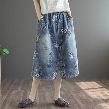 Senovinių gėlių džinsinio audinio sijonas elastinga juosmens dvigubos kišenės sijonai moterų 2020 laisvalaikio drabužiai
