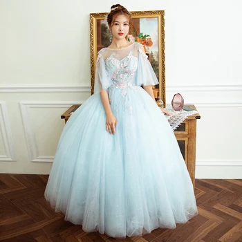 šviesos ledo mėlyna/pilka siuvinėjimo duobute pasakų karalienė apykaklės ilga suknelė viduramžių ir Renesanso Victoria kamuolys suknelė