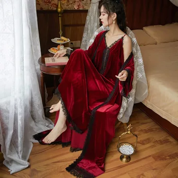 Kilnus Karalienė Sleepwear Rinkinys Sexy Strappy Nightdress Nėrinių Pižamą Pavasarį, Rudenį Ilgomis Rankovėmis Sleepdress Auksinio Aksomo Homewear2PCS