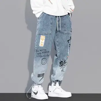 Rudenį Grafiti Kulkšnies Surištas Kelnės, vyriški Džinsai korėjos Stilius Laisvas Atsitiktinis Haremo Kelnės Vyrams Japonijos Mados Streetwear Kelnės