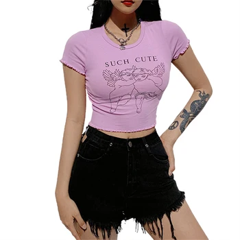 Vasaros mielas laiškas spausdinimo T-Shirt moterims, Kampas modelio trumpą viršų mados trumpas rankovės Marškinėliai, O kaklo įmantrybių Marškinėliai trumpas viršų