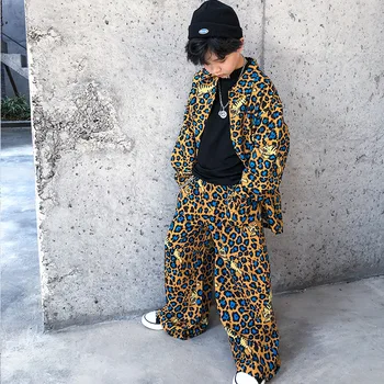 Vaikams Hip Hop Šokių Drabužių Leopard Negabaritinių Marškinėliai, Viršuje Plati Koja Kelnės Mergaitėms Berniukai Džiazo Šokio Kostiumų Drabužių Streetwear