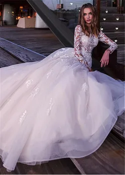 Vien Ilgomis Rankovėmis Tiulio Vestuvių Suknelės, Nėriniai Appliques Mygtukus Atgal Užsakymą Vestuvinės Suknelės Pavasario Vestidos De Mariage Europos
