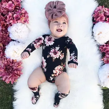 0-18M 2019 Naujų Rudens Naujagimiui Baby Girl Gėlių ilgomis Rankovėmis Jumpsuit Gėlių Romper Kojos Šiltos Kojinės Apranga