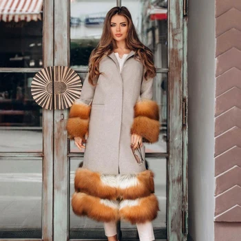 2020 Naujas Moterų Nekilnojamojo Fox Fur Kašmyro Paltai 100cm Ilgio Aukštos Kokybės Natūralią Sveikos Odos Originali Lapės Kailio, Vilnos Mišinys Prabangūs Paltai