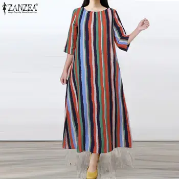 ZANZEA Maxi Suknelės Moterims 2021 M. Vasaros Pusė Rankovės Sundress Plius Dydis 5XL Moterų Derliaus Vestidos Atsitiktinis Dryžuotas Chalatas, Femme