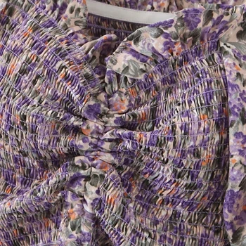 Moterų mados raišteliu elastiniai biustas gėlių spausdinti trumpas vasaros palaidinė 2020 elegantiškos ledi sluoksniuotos rankovėmis violetinė ruffles rankovėmis viršūnes femm