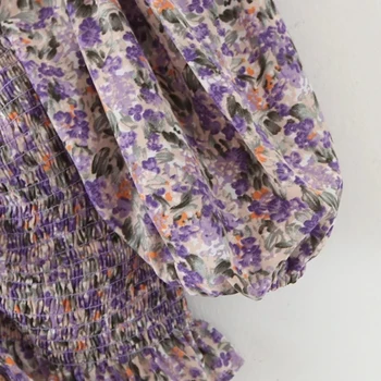 Moterų mados raišteliu elastiniai biustas gėlių spausdinti trumpas vasaros palaidinė 2020 elegantiškos ledi sluoksniuotos rankovėmis violetinė ruffles rankovėmis viršūnes femm